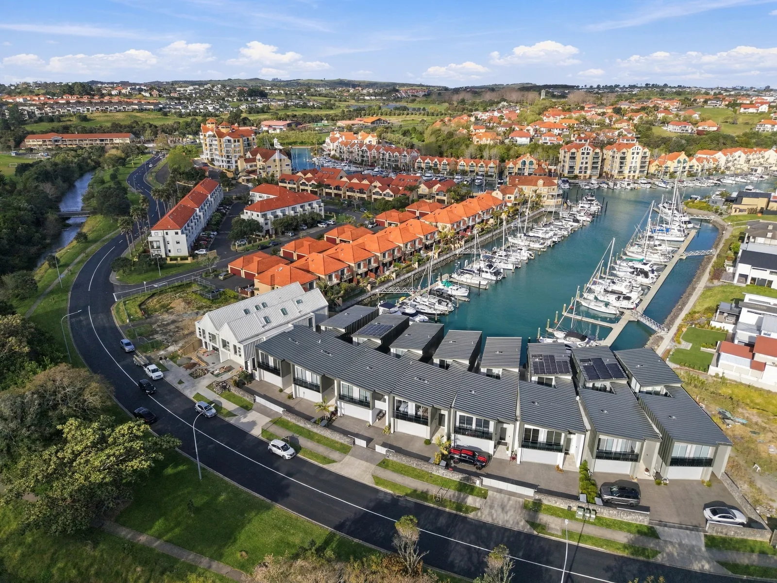 Aerial, Gulf Harbour marina, waterfront townhouse in Gulf Harbour, Hibiscus Coast