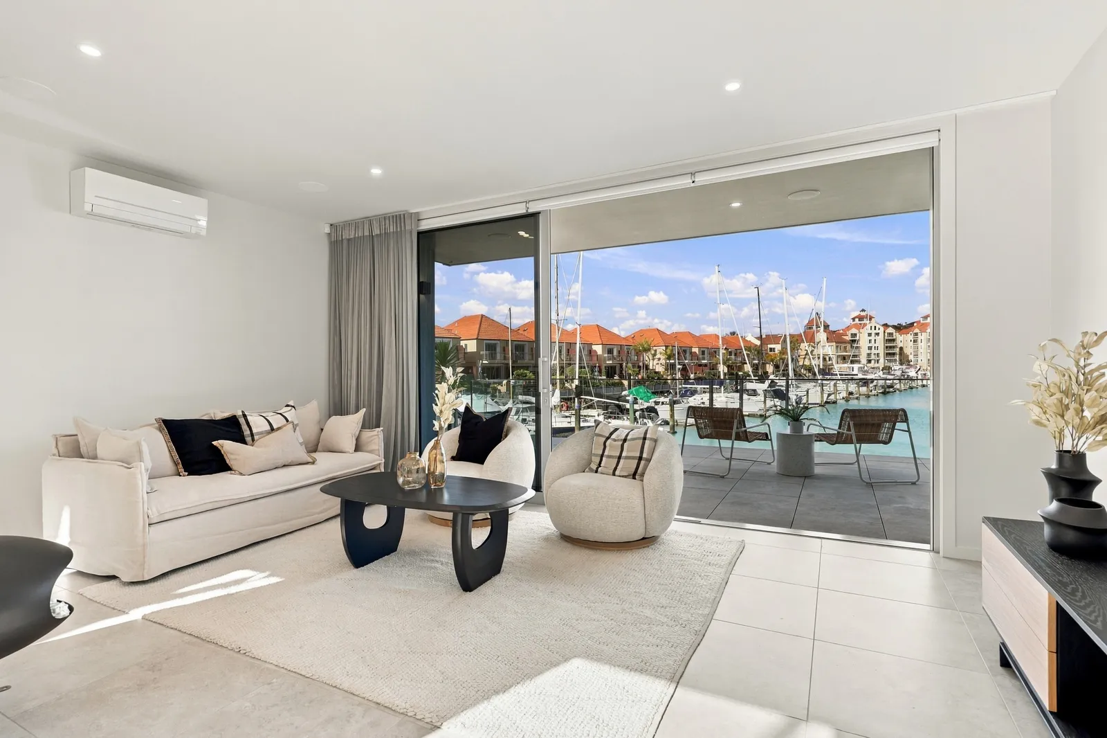 Living, marina view, waterfront townhouse in Gulf Harbour, Hibiscus Coast