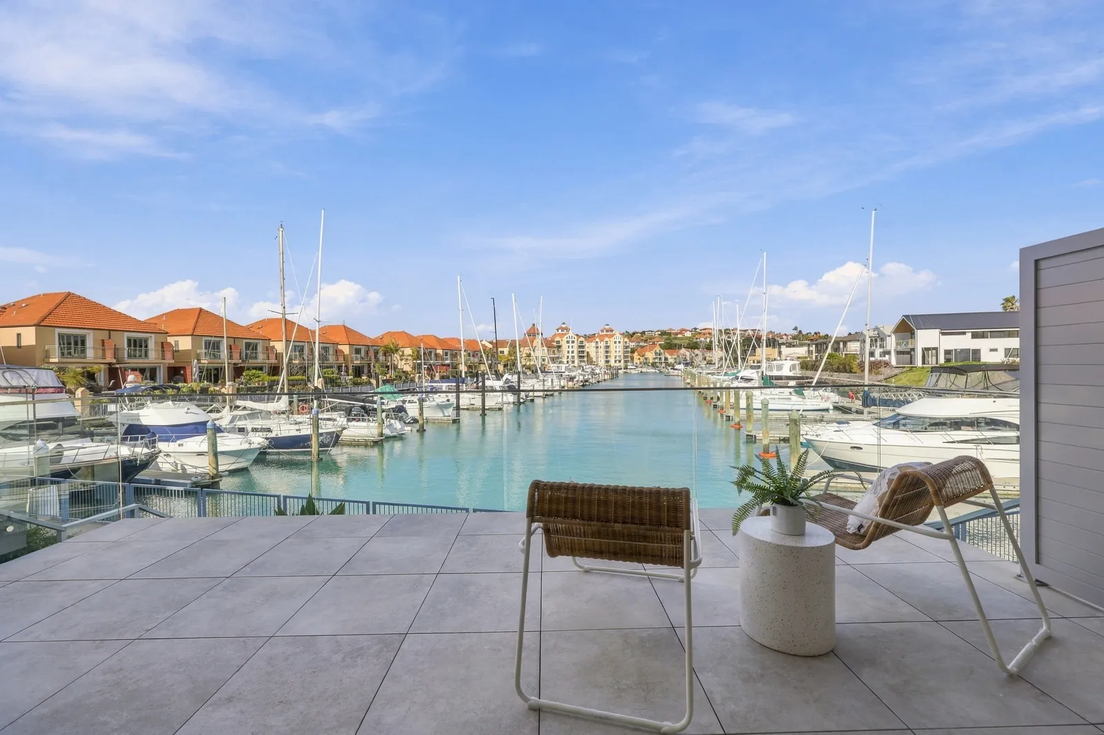 Balcony over the marina, waterfront townhouse in Gulf Harbour, Hibiscus Coast