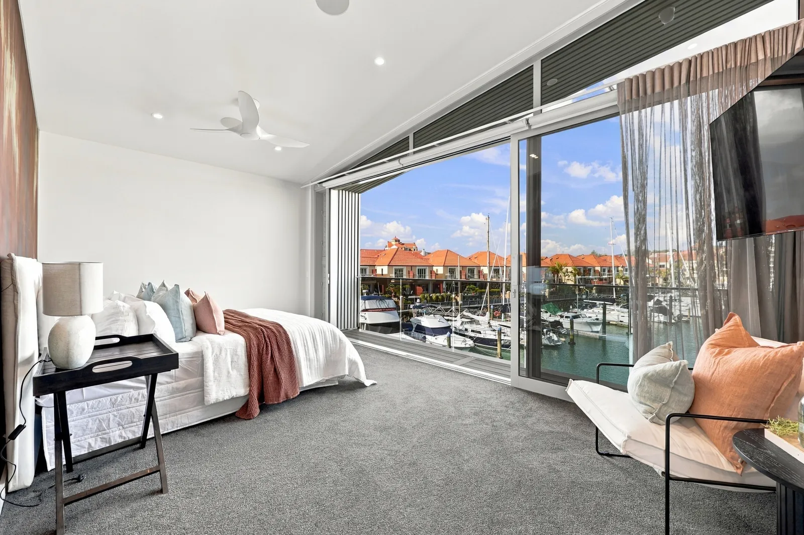 Main bedroom, marina view, waterfront townhouse in Gulf Harbour, Hibiscus Coast