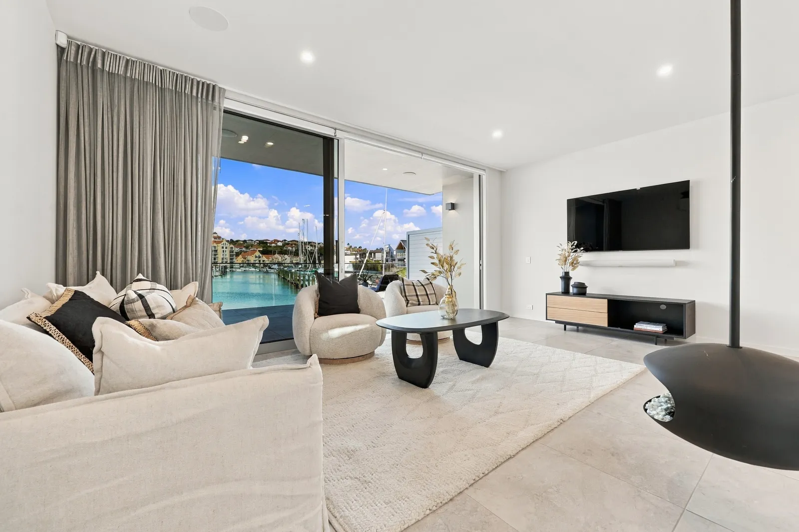 Living room, waterfront townhouse in Gulf Harbour, Hibiscus Coast
