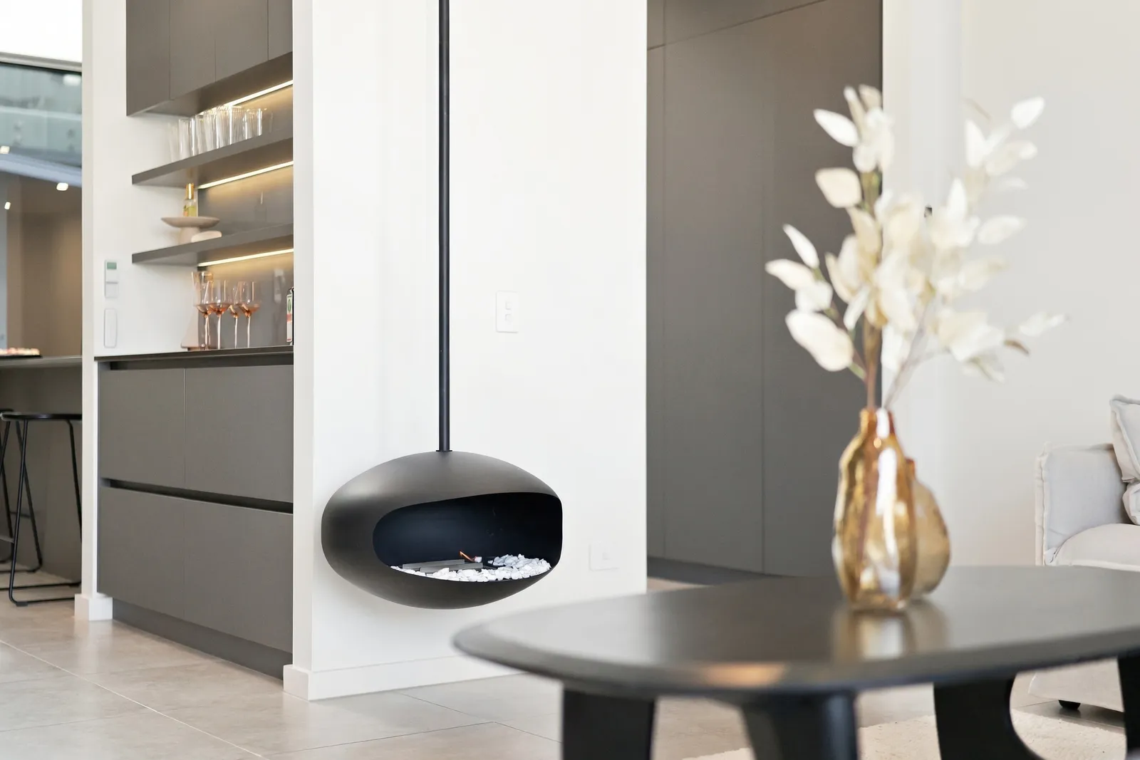 Fireplace detail, waterfront townhouse in Gulf Harbour, Hibiscus Coast
