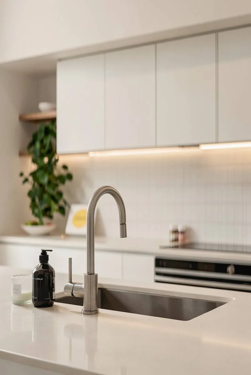 Kitchen tapware and herbs photographed shallow, editorial finish